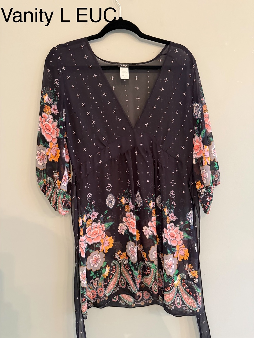 Vanity Black Floral V-Neck Tunic with Pink & Green Accents